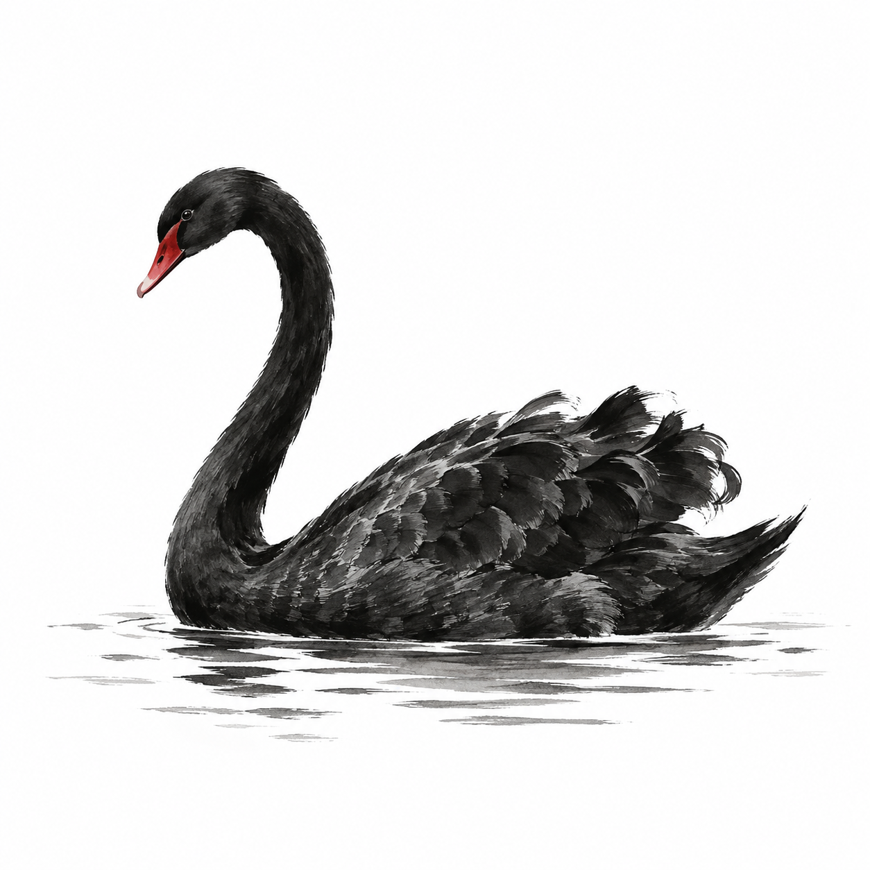 A black swan painted in ink, with a red beak and delicate water ripples
