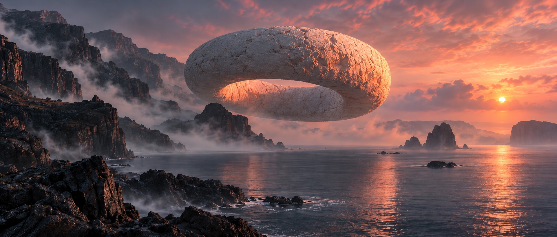 A monumental stone ring floating above a rocky sea at sunset — The shape of silence, an AIGC artwork from Latentia.